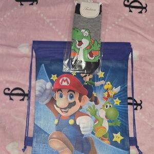 Nintendo Mario & Yoshi Kids Drawstring Bag with Grey Yoshi Socks